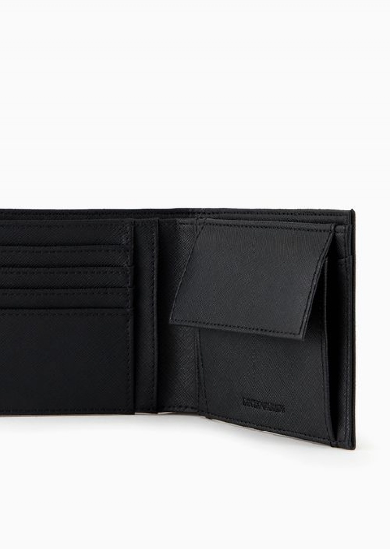 Black Emporio Armani Asv Regenerated Saffiano Leather Wallet With Graphic Design Eagle | EA-SN59303