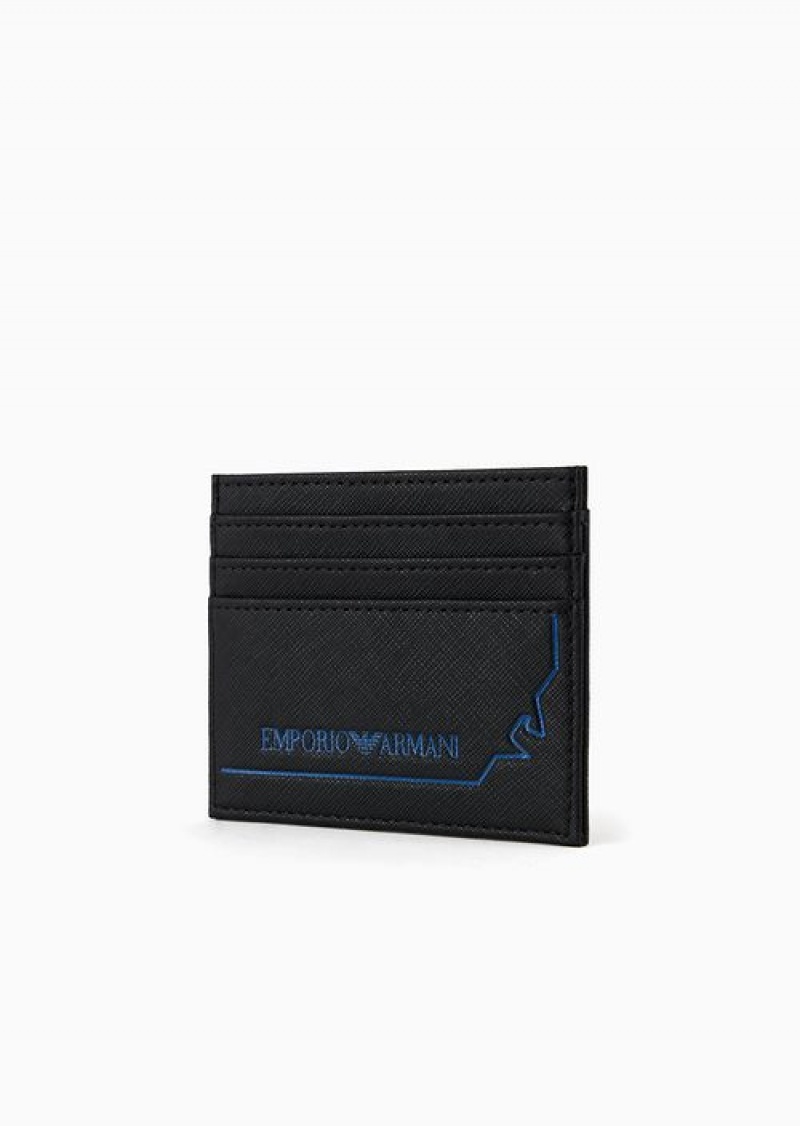 Black Emporio Armani Asv Regenerated Saffiano Leather Card Holder With Graphic Design Eagle | EA-SN59304