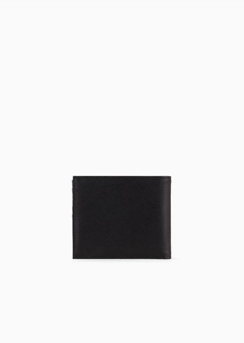 Black Emporio Armani Asv Regenerated Saffiano Leather Wallet With Eagle Plate | EA-SN59315