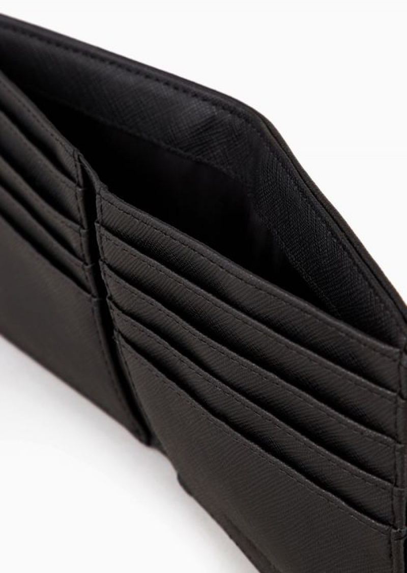 Black Emporio Armani Asv Regenerated Saffiano Leather Wallet With Eagle Plate | EA-SN59315