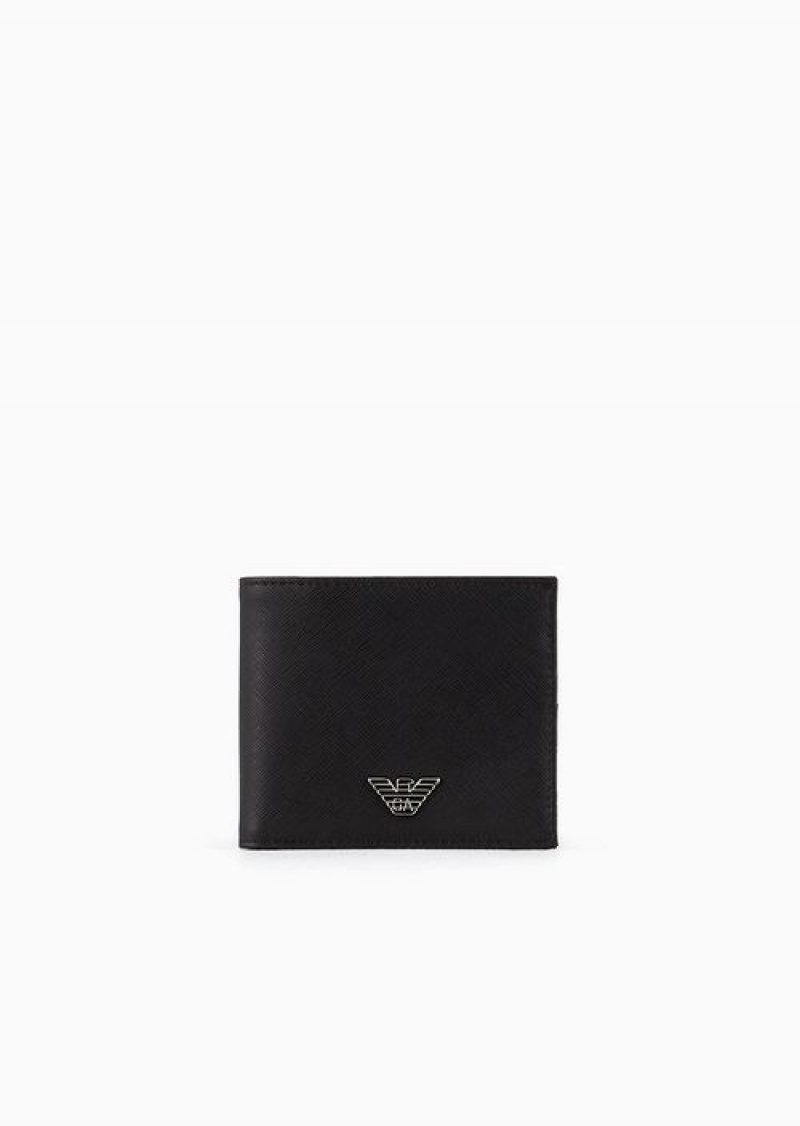 Black Emporio Armani Asv Regenerated Saffiano Leather Wallet With Eagle Plate | EA-SN59315