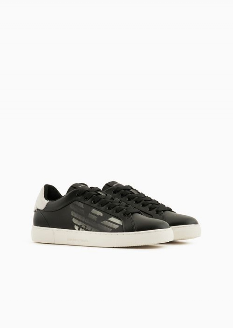 Black Emporio Armani Asv Regenerated-leather Sneakers With Oversized Eagle And Suede Back | EA-SN57179