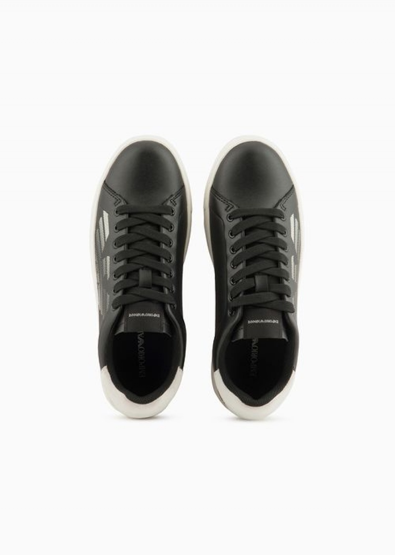 Black Emporio Armani Asv Regenerated-leather Sneakers With Oversized Eagle And Suede Back | EA-SN57179