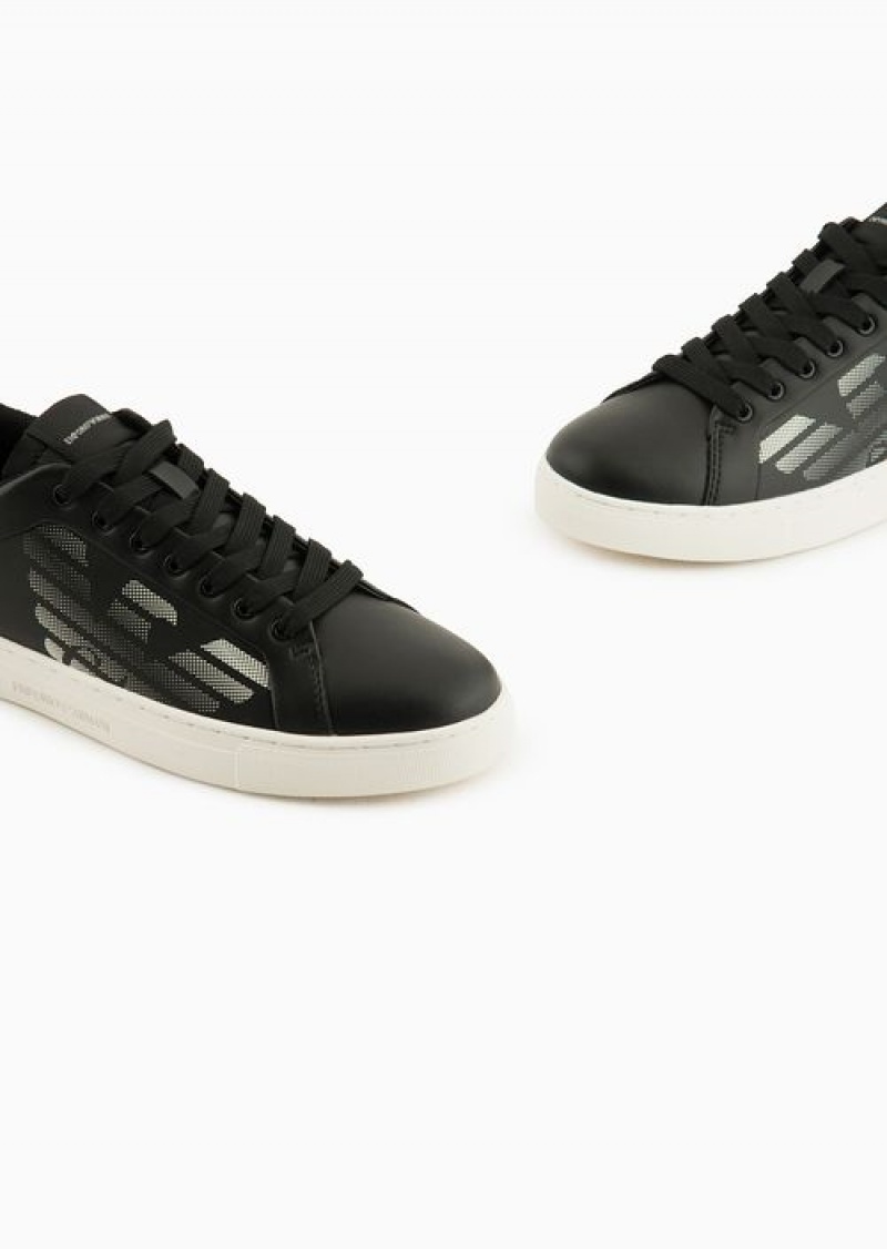 Black Emporio Armani Asv Regenerated-leather Sneakers With Oversized Eagle And Suede Back | EA-SN57179