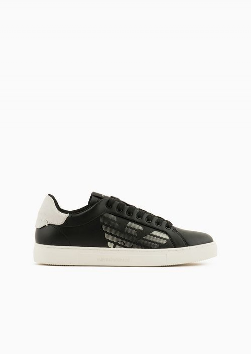 Black Emporio Armani Asv Regenerated-leather Sneakers With Oversized Eagle And Suede Back | EA-SN57179