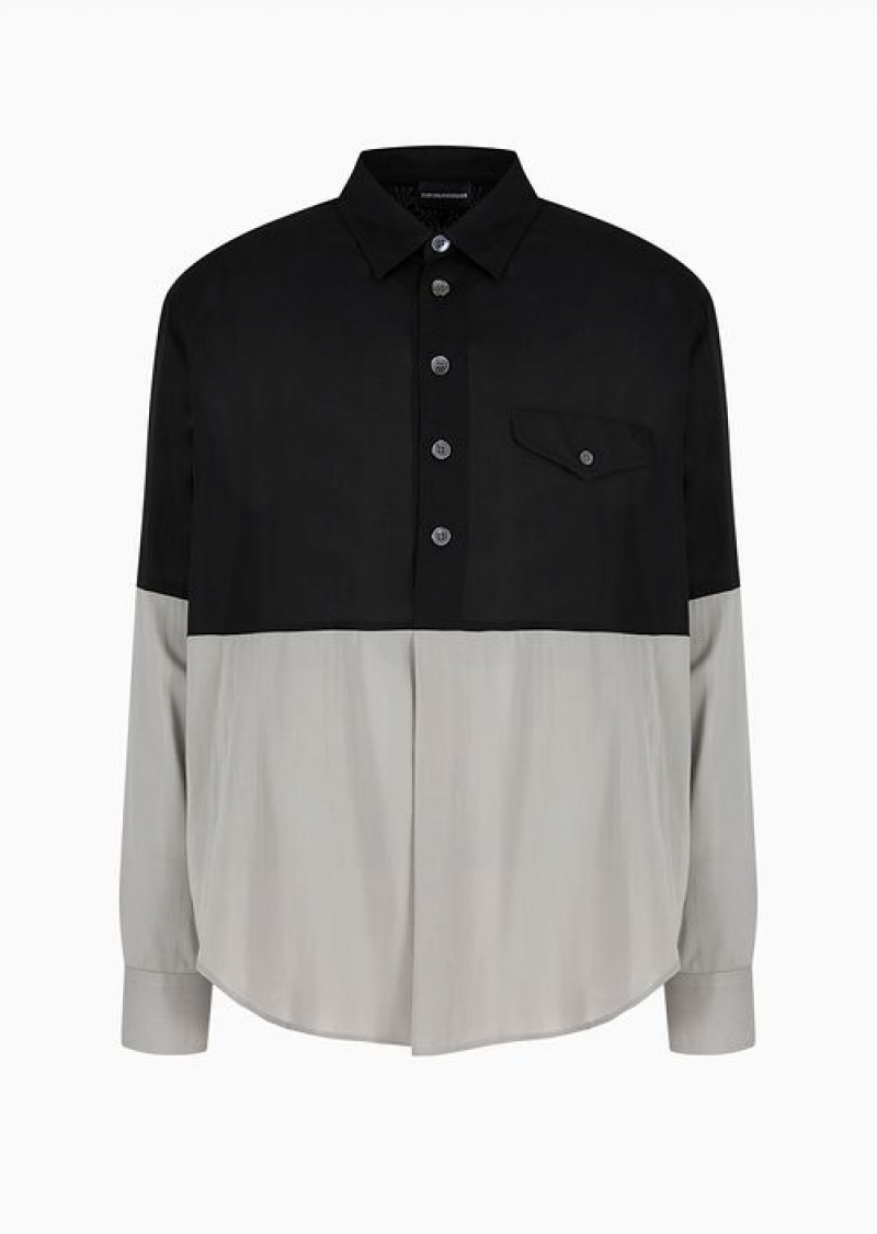 Black Emporio Armani Asv Two-tone Lyocell Comfort-fit Shirt | EA-SN57887