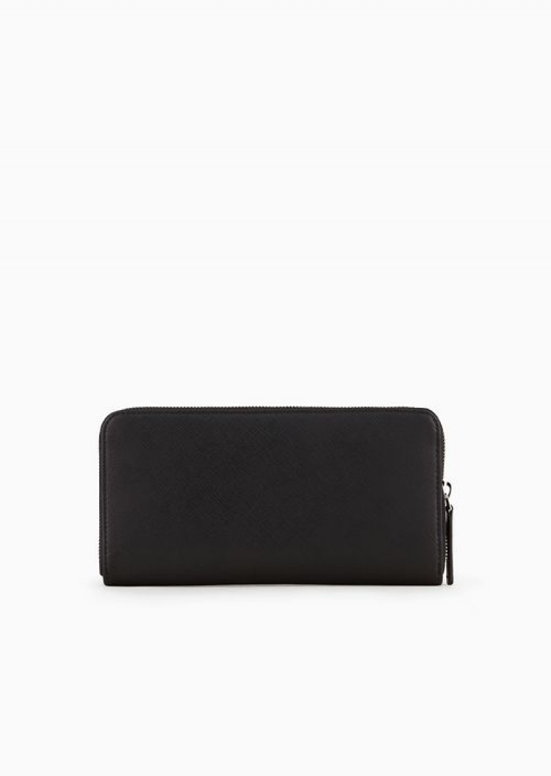 Black Emporio Armani Asv Zip-around Wallet In Regenerated Saffiano Leather With Eagle Plate | EA-SN59312