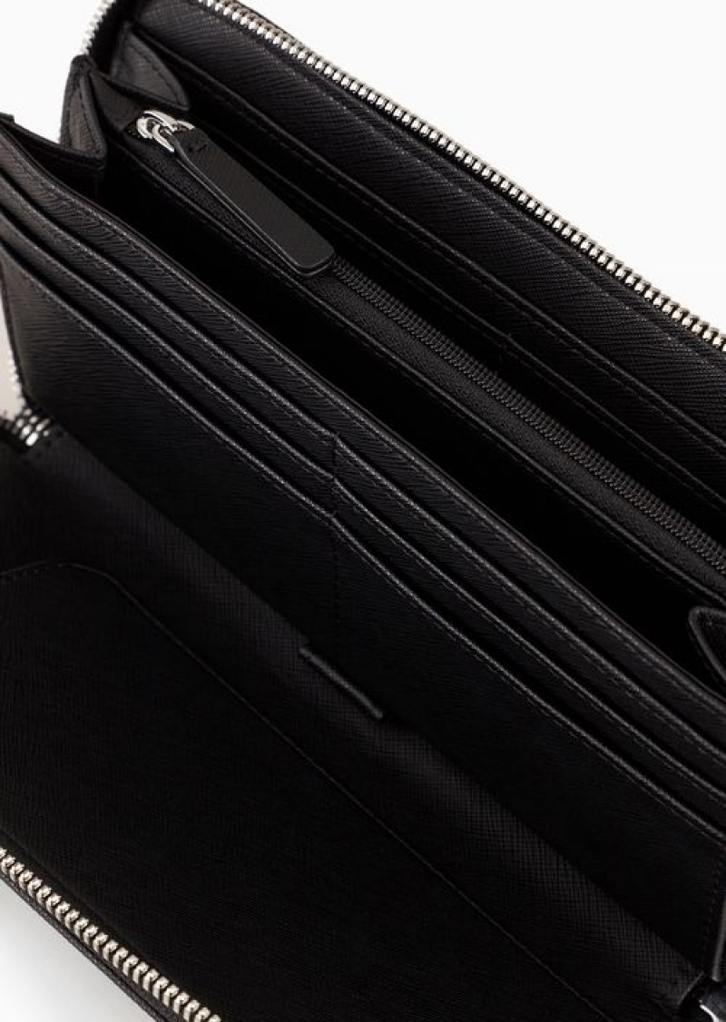 Black Emporio Armani Asv Zip-around Wallet In Regenerated Saffiano Leather With Eagle Plate | EA-SN59312