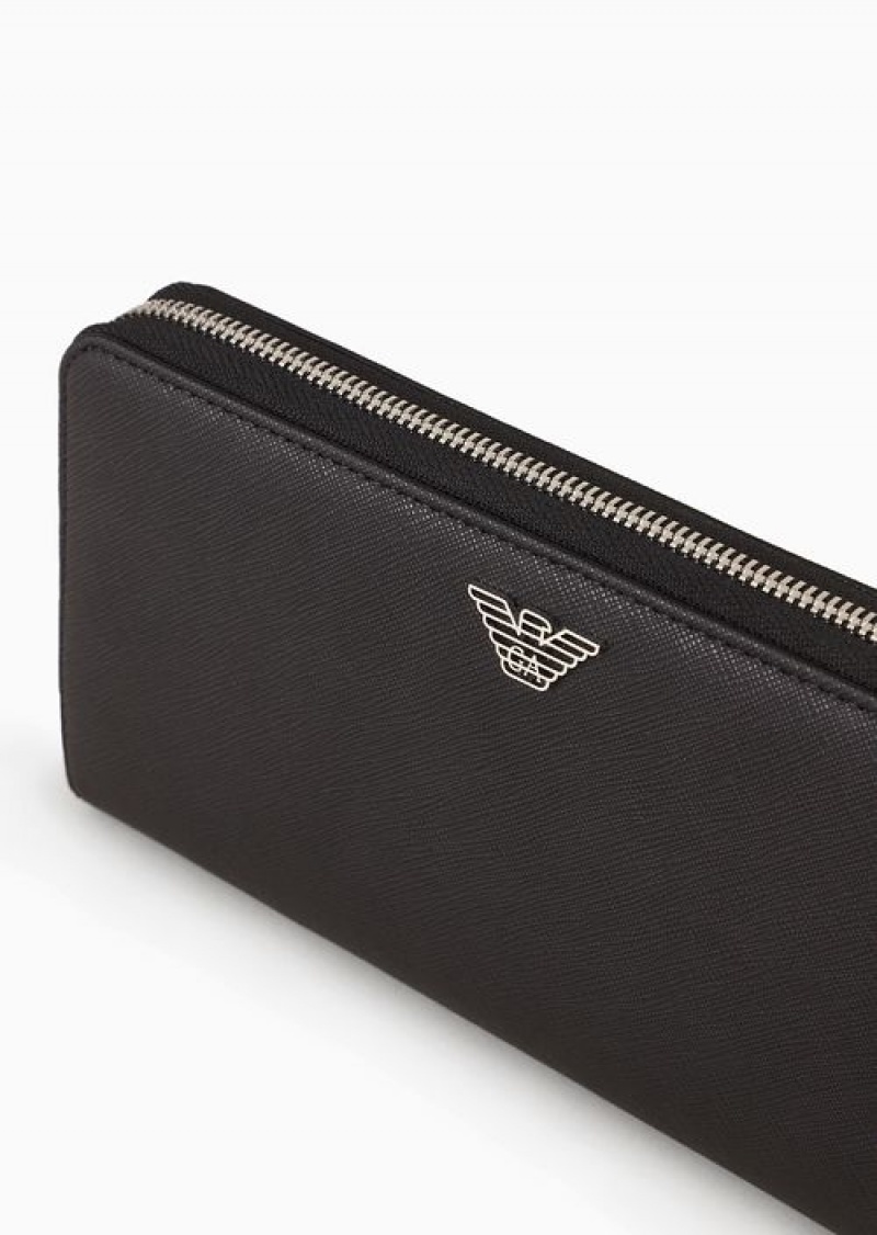 Black Emporio Armani Asv Zip-around Wallet In Regenerated Saffiano Leather With Eagle Plate | EA-SN59312