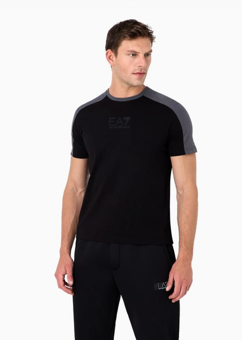 Black Emporio Armani Athletic Colour Block Short-sleeved Cotton T-shirt | EA7-SN59925