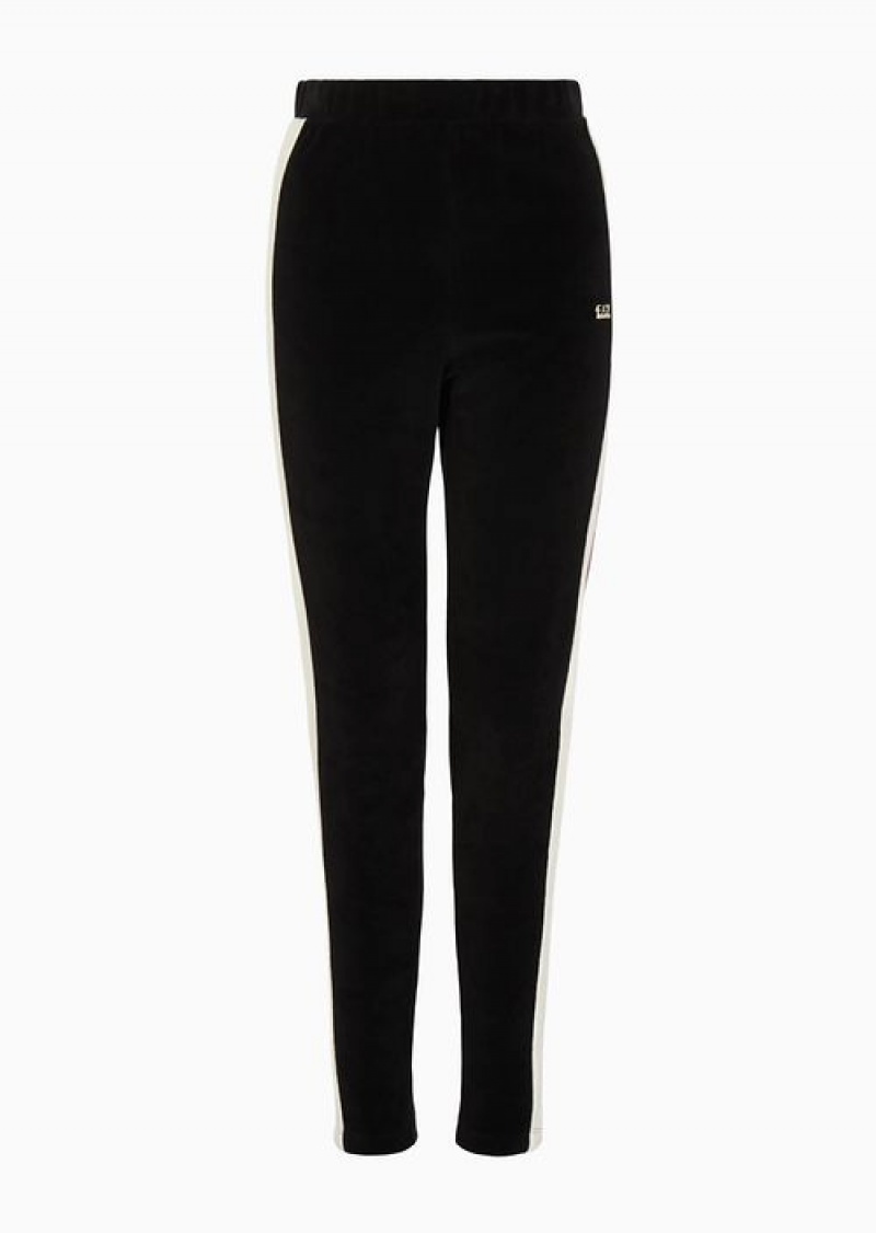 Black Emporio Armani Athletic Velour Velvet Leggings | EA7-SN59539