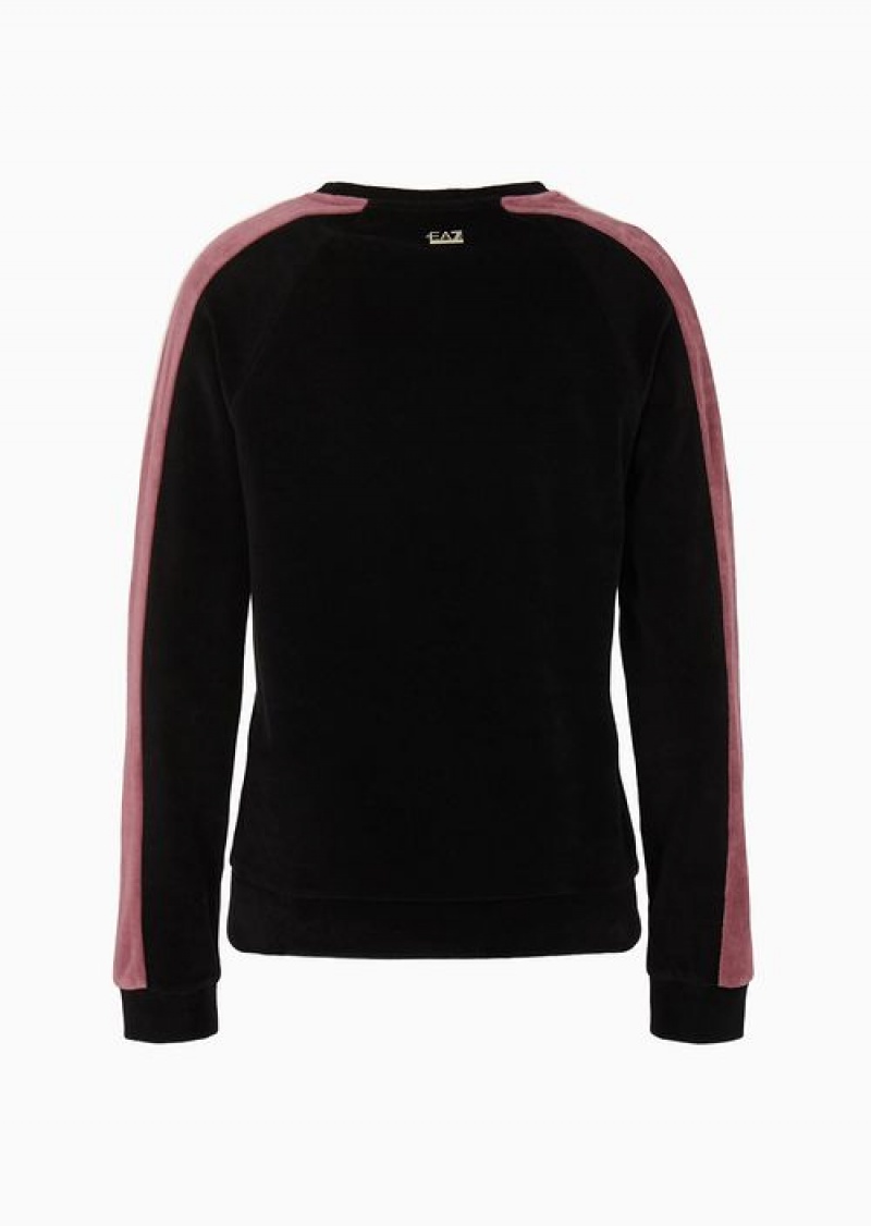 Black Emporio Armani Athletic Velour Velvet Crew-neck Sweatshirt | EA7-SN59575