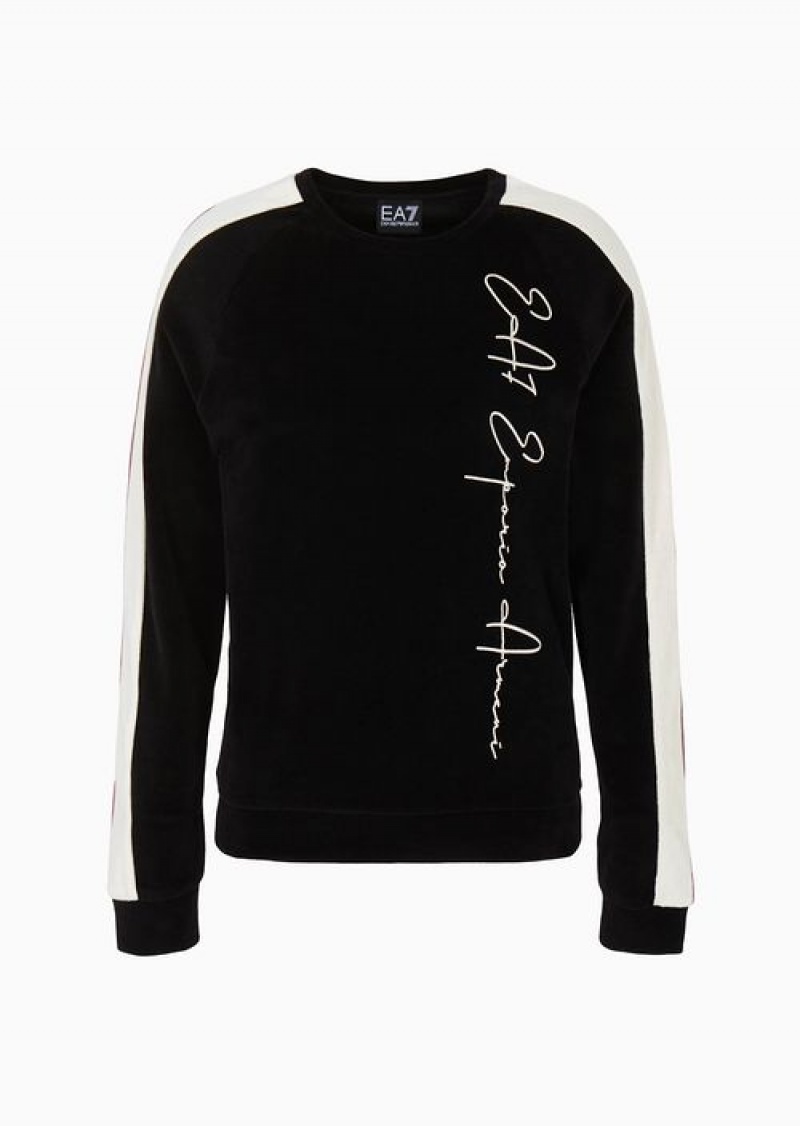 Black Emporio Armani Athletic Velour Velvet Crew-neck Sweatshirt | EA7-SN59575