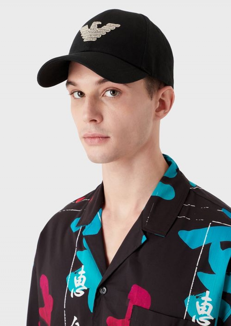 Black Emporio Armani Beach Baseball Cap With Terrycloth Eagle Patch | EA-SN57465