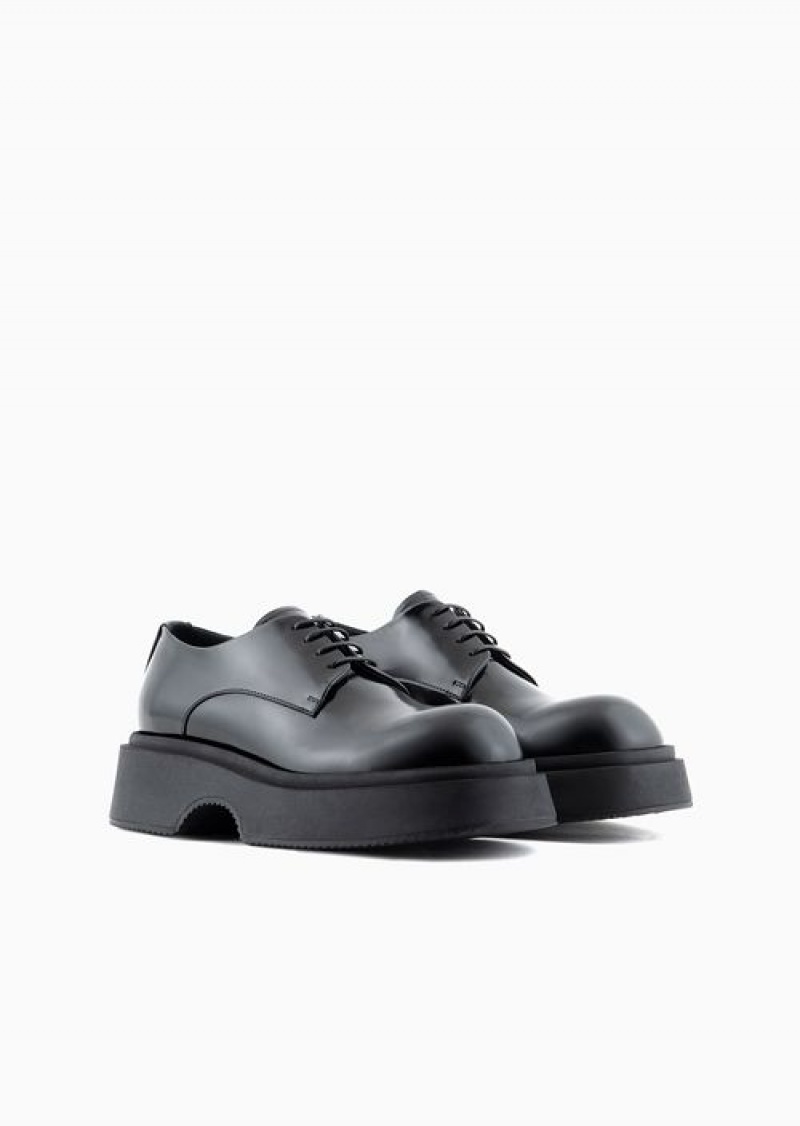 Black Emporio Armani Brushed Leather Derby Shoes With Chunky Soles | EA-SN58849