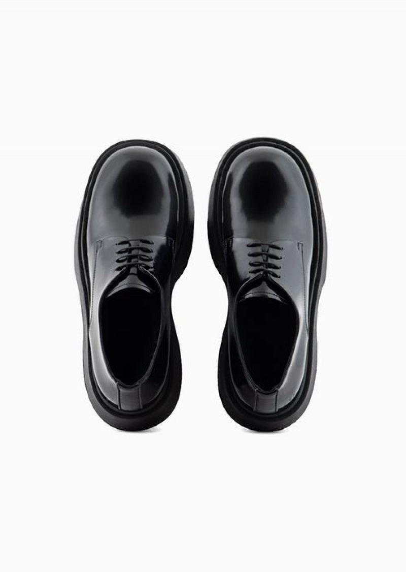 Black Emporio Armani Brushed Leather Derby Shoes With Chunky Soles | EA-SN58849