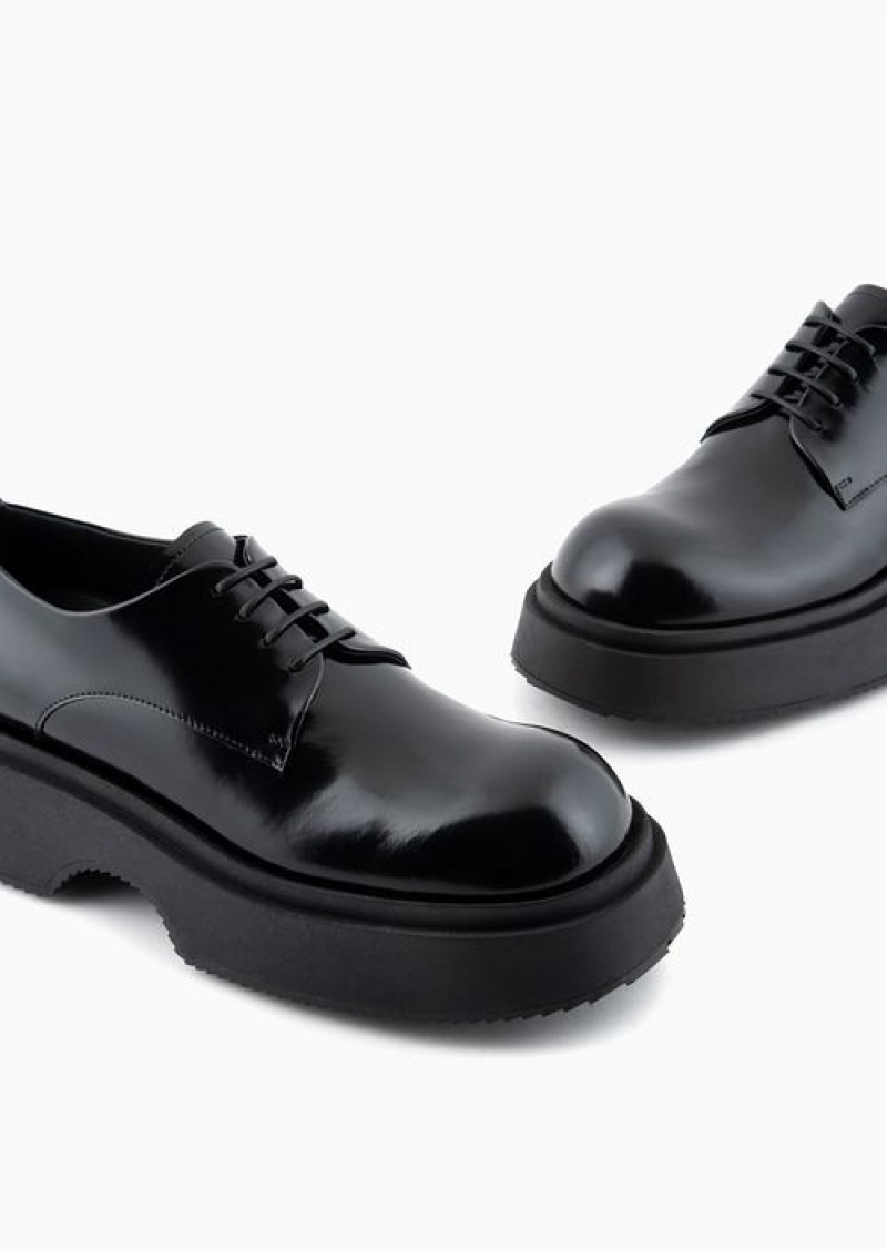 Black Emporio Armani Brushed Leather Derby Shoes With Chunky Soles | EA-SN58849