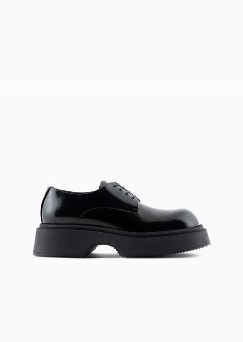 Black Emporio Armani Brushed Leather Derby Shoes With Chunky Soles | EA-SN58849