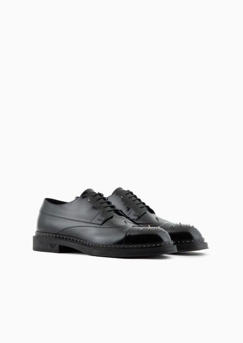 Black Emporio Armani Brushed Leather Derby Shoes With Studs | EA-SN58850