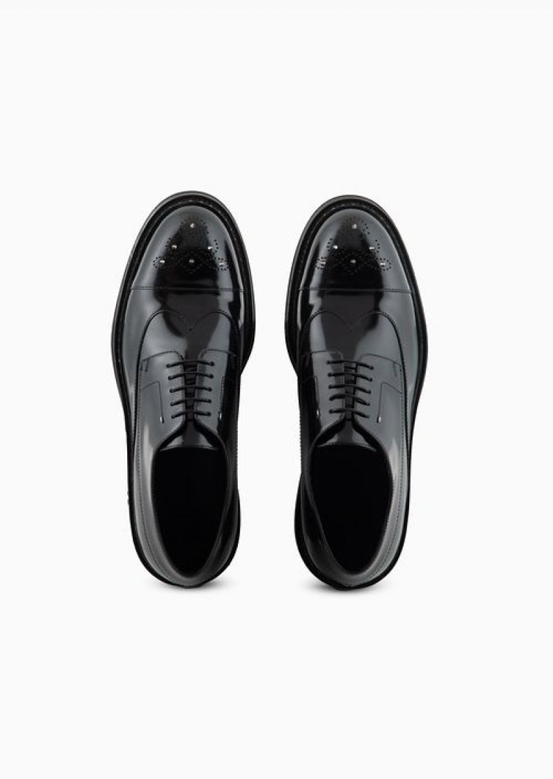 Black Emporio Armani Brushed Leather Derby Shoes With Studs | EA-SN58850