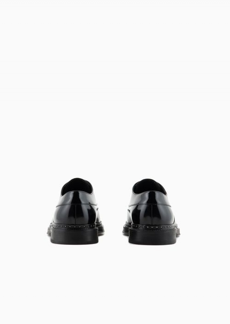 Black Emporio Armani Brushed Leather Derby Shoes With Studs | EA-SN58850