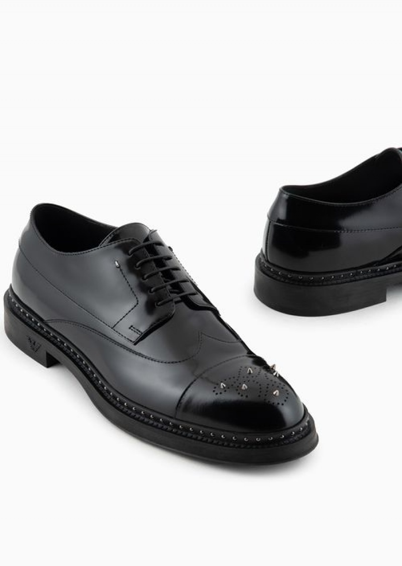 Black Emporio Armani Brushed Leather Derby Shoes With Studs | EA-SN58850