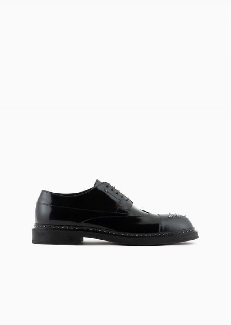 Black Emporio Armani Brushed Leather Derby Shoes With Studs | EA-SN58850