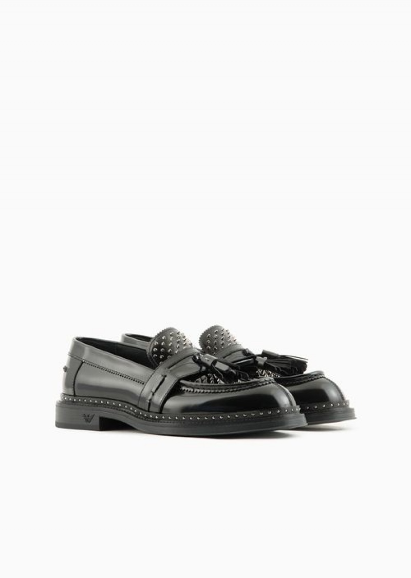 Black Emporio Armani Brushed Leather Loafers With Studs | EA-SN58860