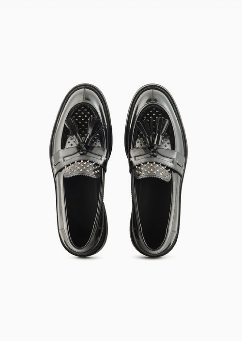 Black Emporio Armani Brushed Leather Loafers With Studs | EA-SN58860