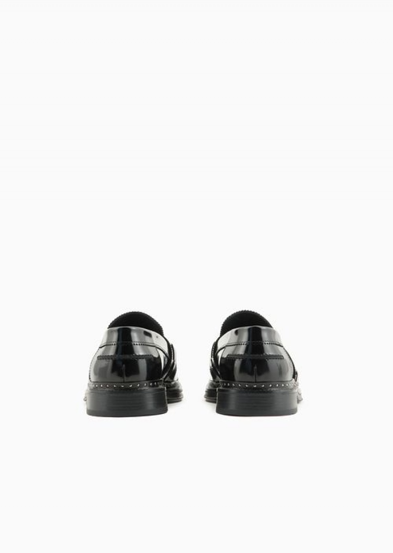 Black Emporio Armani Brushed Leather Loafers With Studs | EA-SN58860