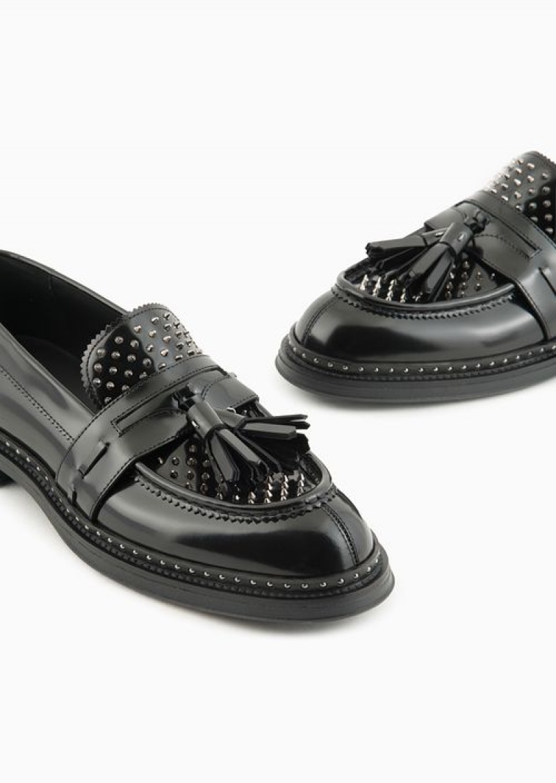 Black Emporio Armani Brushed Leather Loafers With Studs | EA-SN58860