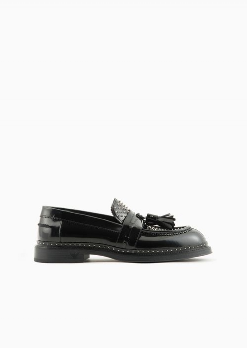 Black Emporio Armani Brushed Leather Loafers With Studs | EA-SN58860