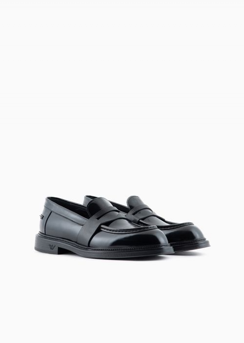 Black Emporio Armani Brushed Leather Loafers | EA-SN58863