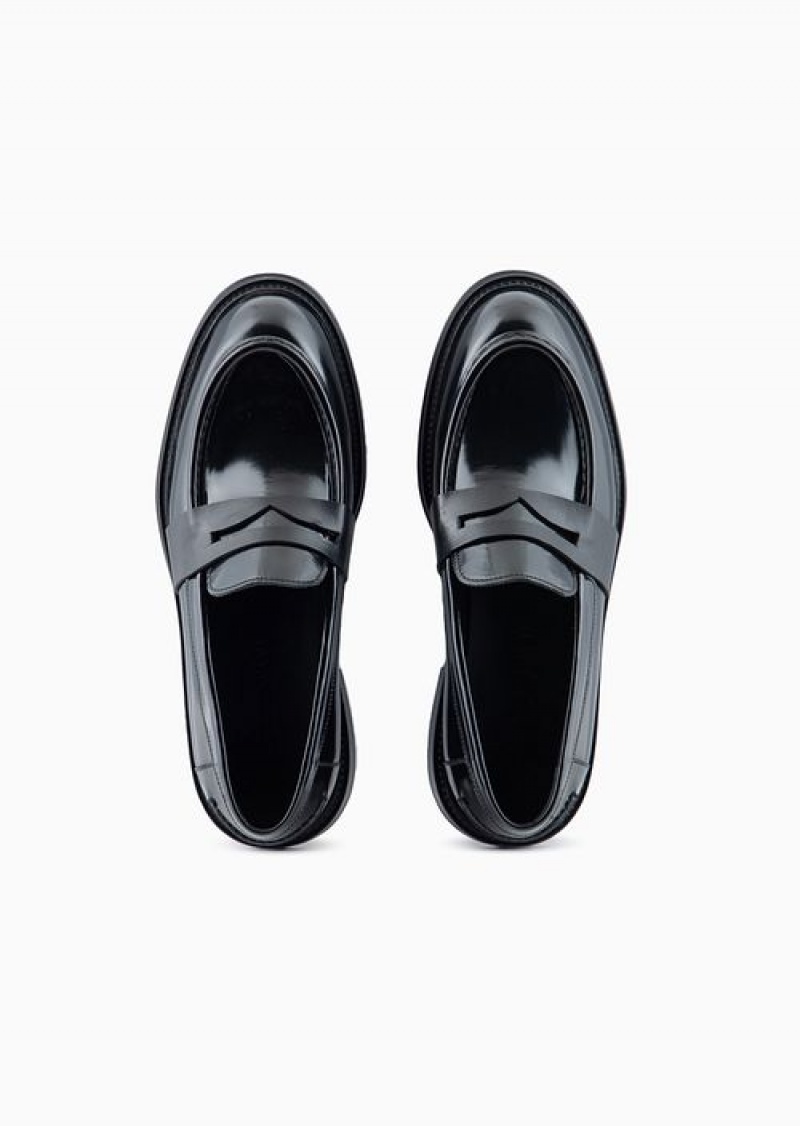 Black Emporio Armani Brushed Leather Loafers | EA-SN58863