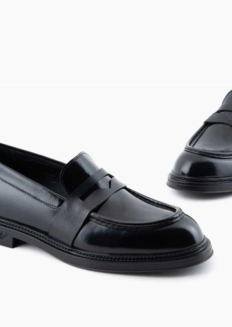 Black Emporio Armani Brushed Leather Loafers | EA-SN58863