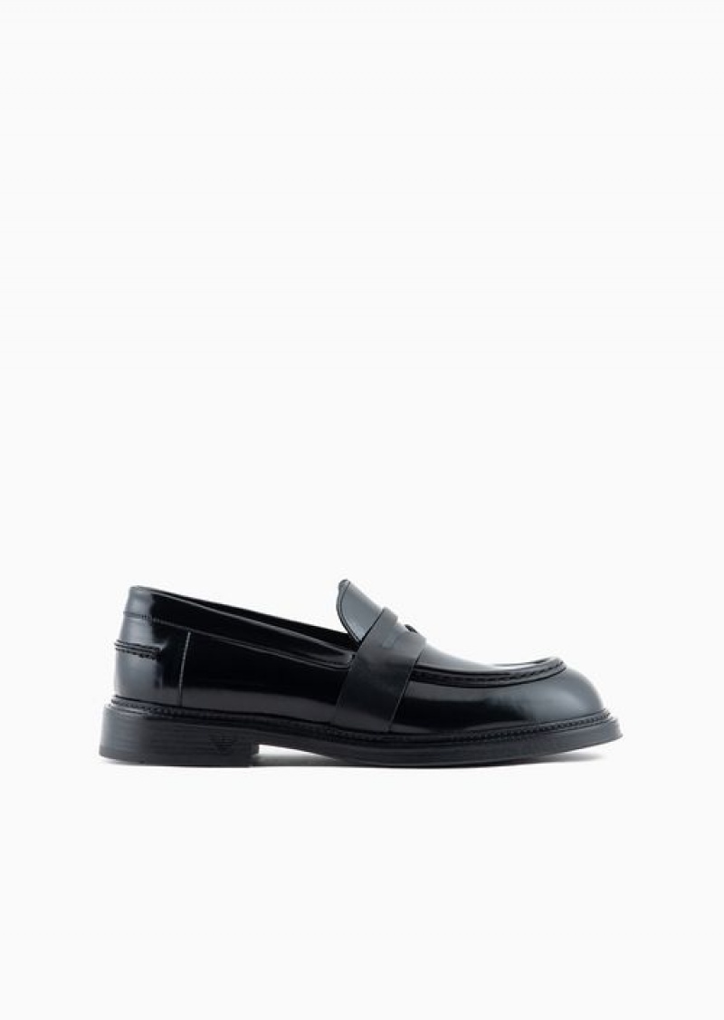 Black Emporio Armani Brushed Leather Loafers | EA-SN58863