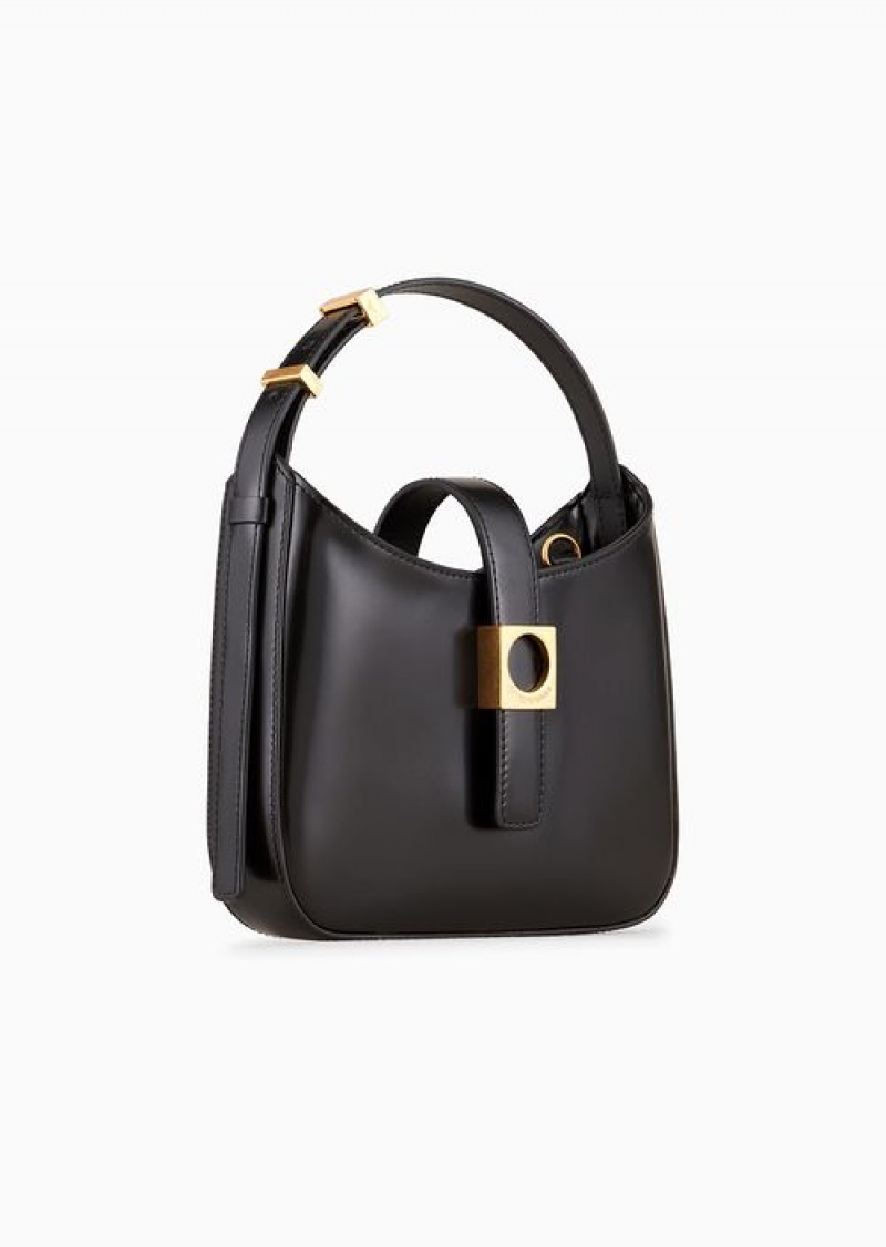 Black Emporio Armani Brushed-leather Hobo Bag With Strap | EA-SN57366