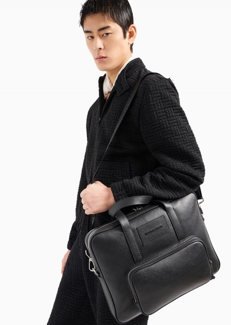 Black Emporio Armani Business Bag In Tumbled Leather | EA-SN59051