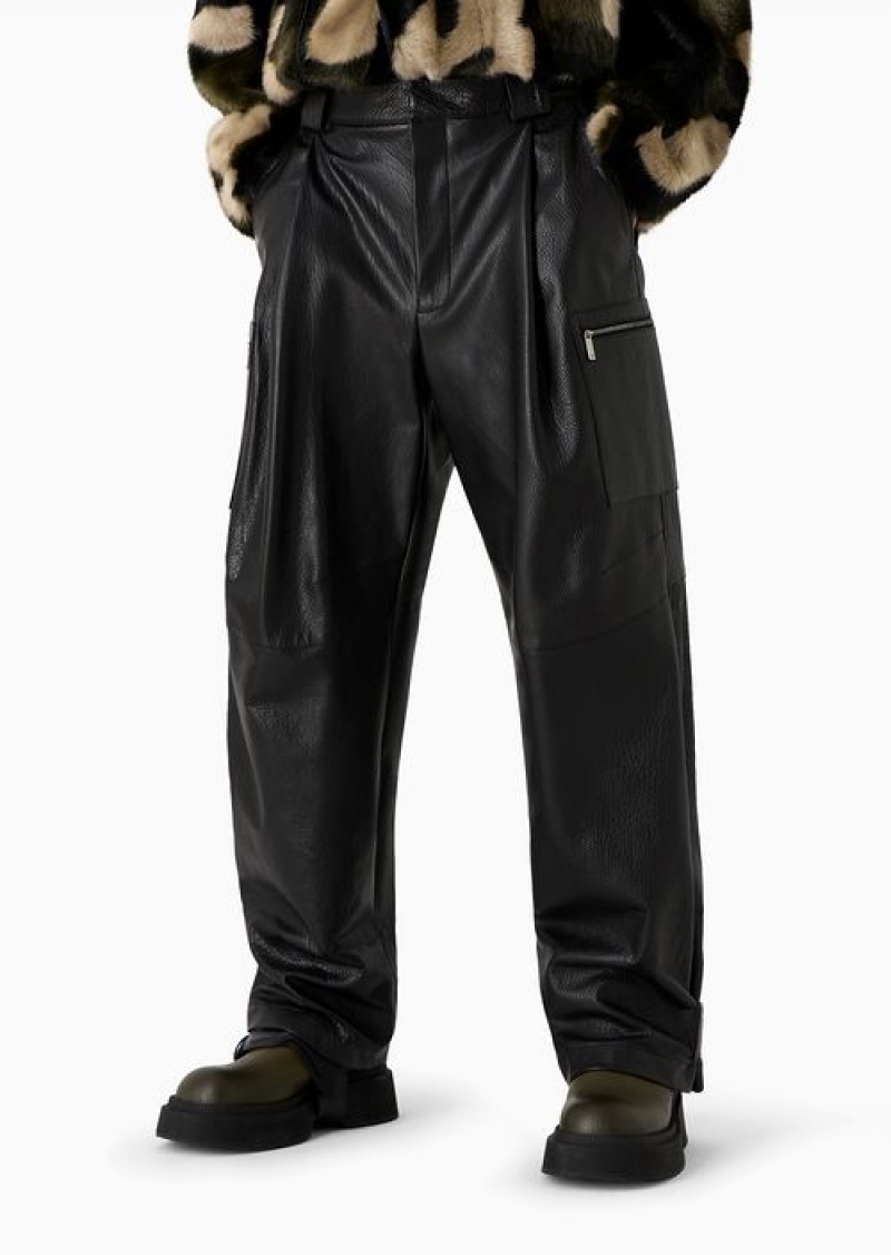 Black Emporio Armani Cargo Trousers In Vegetable-tanned Water Buffalo Nappa Leather With An Adjustable Hem | EA-SN58282