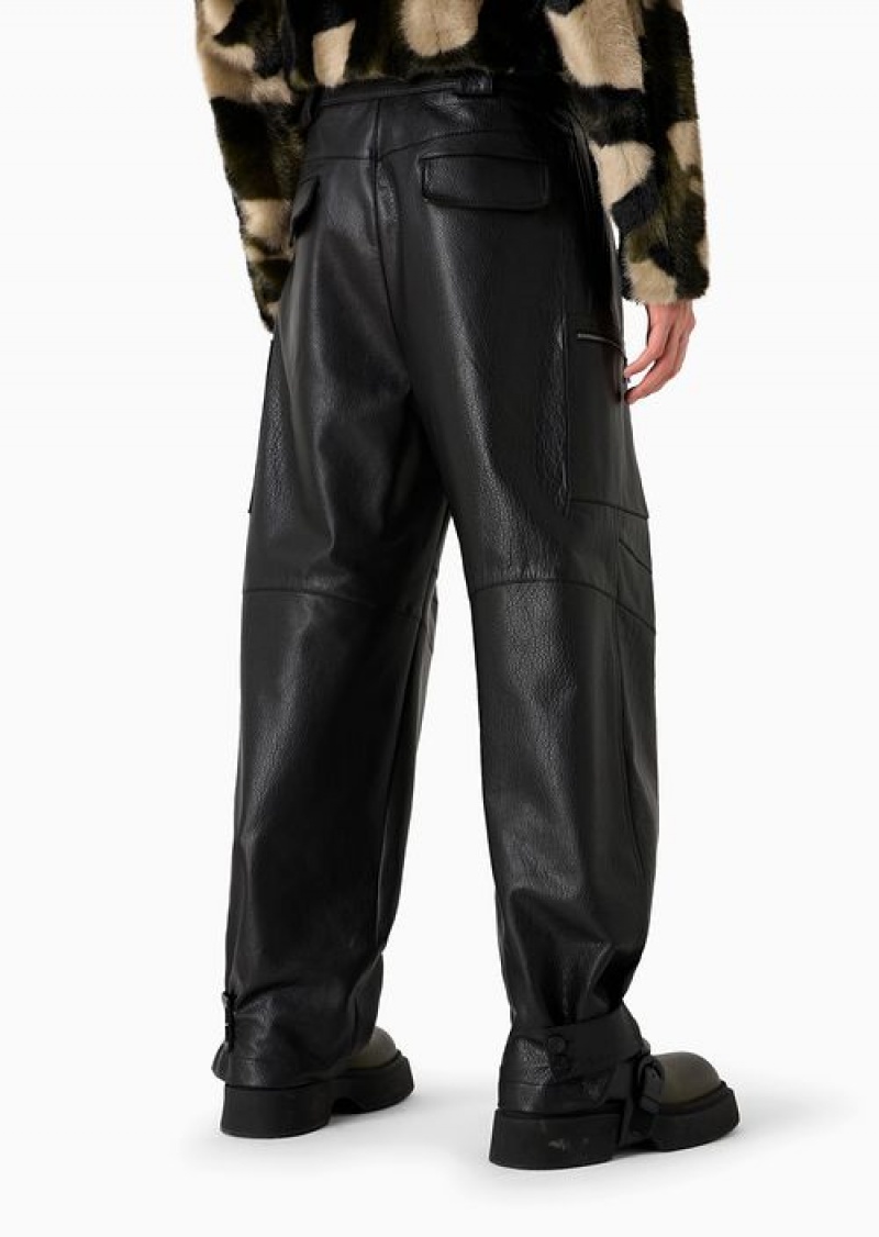 Black Emporio Armani Cargo Trousers In Vegetable-tanned Water Buffalo Nappa Leather With An Adjustable Hem | EA-SN58282