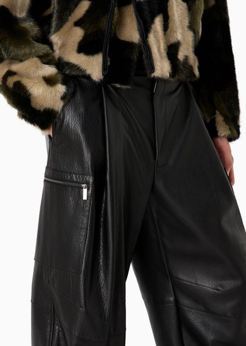 Black Emporio Armani Cargo Trousers In Vegetable-tanned Water Buffalo Nappa Leather With An Adjustable Hem | EA-SN58282