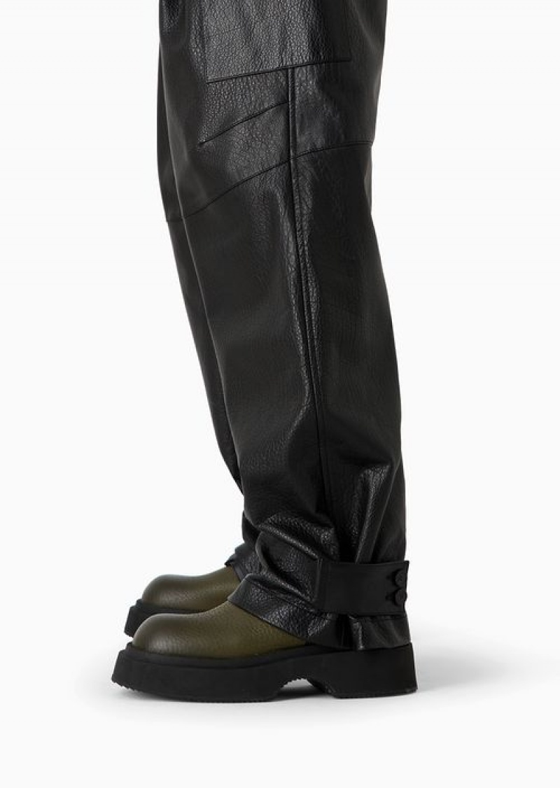 Black Emporio Armani Cargo Trousers In Vegetable-tanned Water Buffalo Nappa Leather With An Adjustable Hem | EA-SN58282