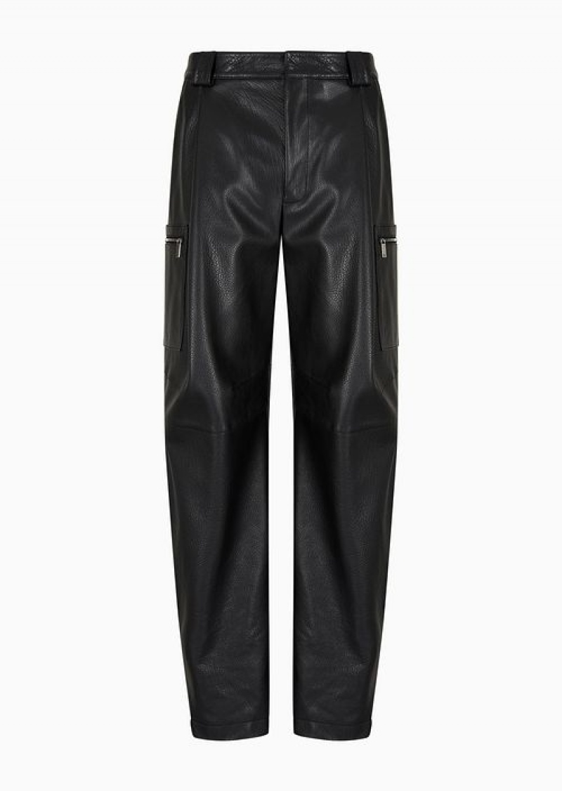 Black Emporio Armani Cargo Trousers In Vegetable-tanned Water Buffalo Nappa Leather With An Adjustable Hem | EA-SN58282