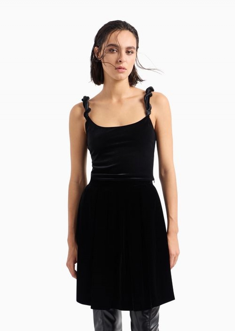 Black Emporio Armani Chenille Jersey Top With Twisted Shoulder Straps | EA-SN56951