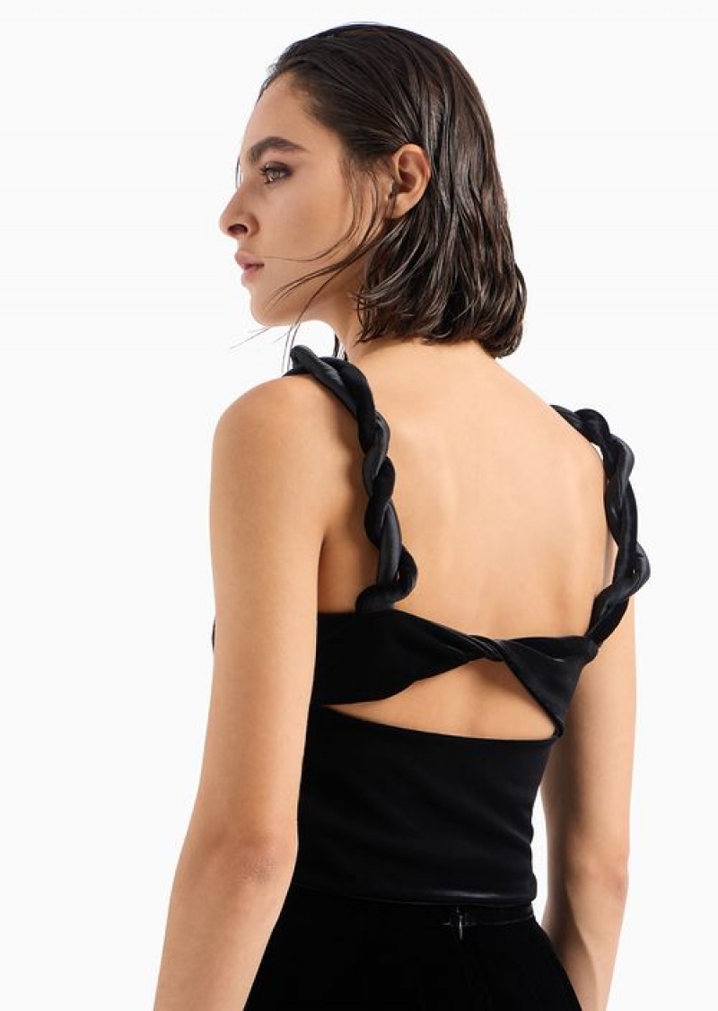 Black Emporio Armani Chenille Jersey Top With Twisted Shoulder Straps | EA-SN56951