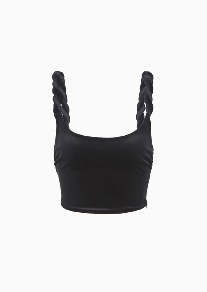 Black Emporio Armani Chenille Jersey Top With Twisted Shoulder Straps | EA-SN56951