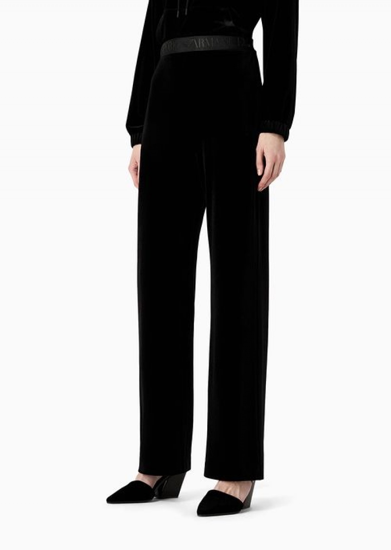 Black Emporio Armani Chenille Palazzo Trousers With Logo Tape | EA-SN56816