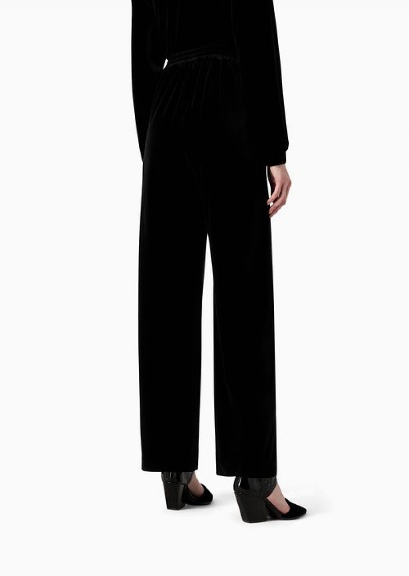 Black Emporio Armani Chenille Palazzo Trousers With Logo Tape | EA-SN56816