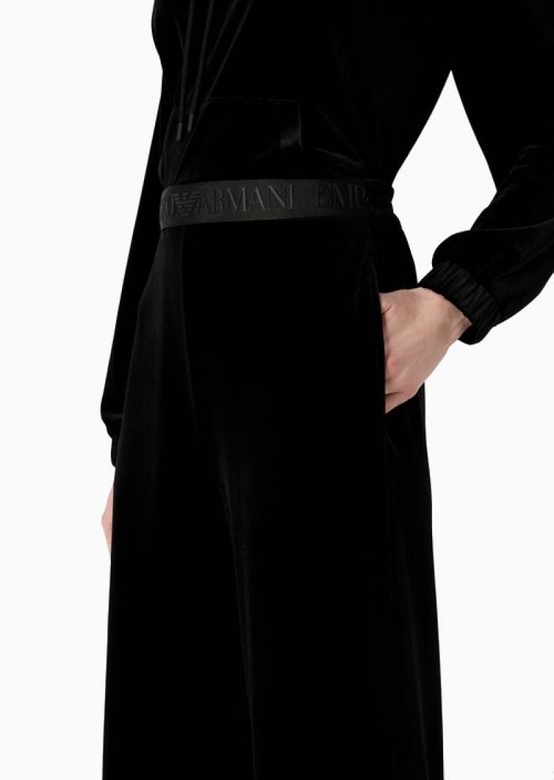 Black Emporio Armani Chenille Palazzo Trousers With Logo Tape | EA-SN56816