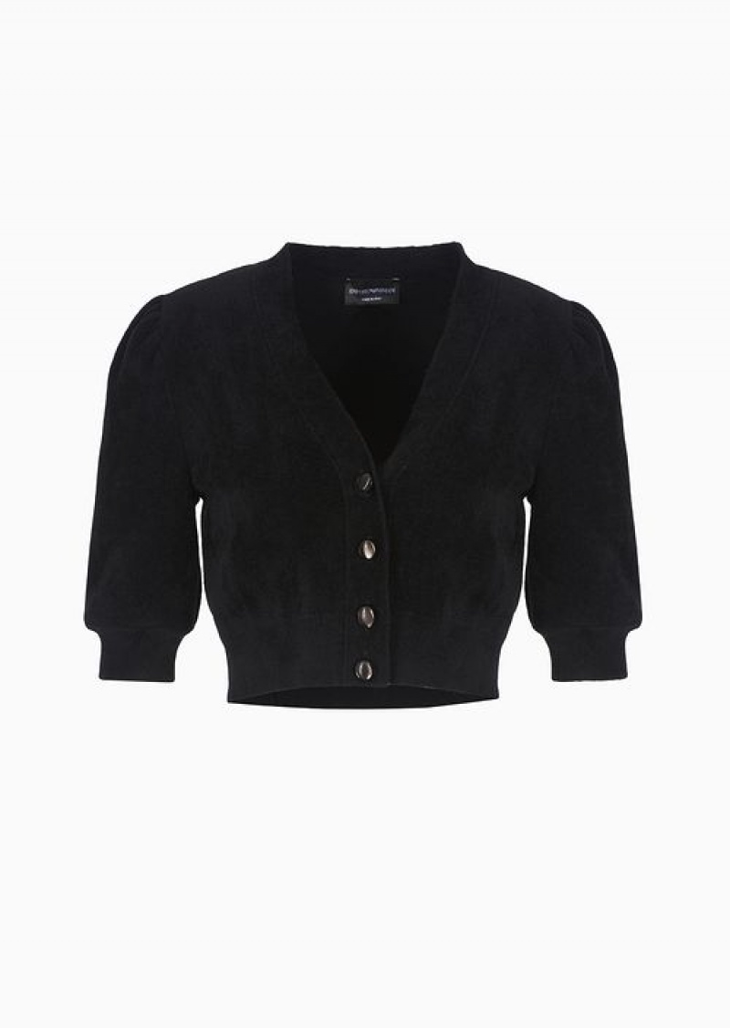 Black Emporio Armani Chenille-effect Bonded Knit Micro Cardigan | EA-SN56673